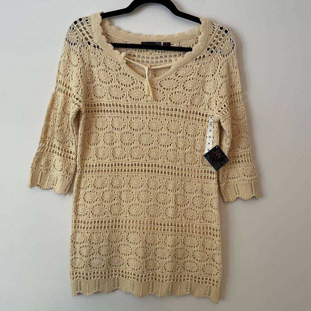 NWT 100% Cotton Crochet Open Knit Long Top Cream M Boho Cottage Western Scallop